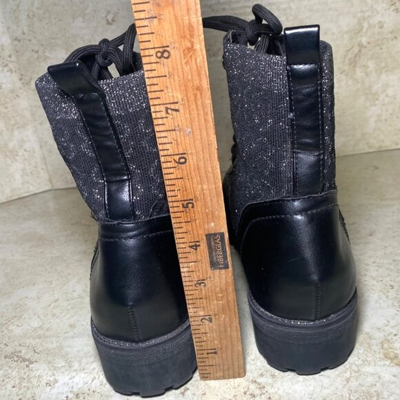 Black Combat Boots Size 8 Lug Sole  Leather & Glitter Fabric Blend Everyday Wear - Picture 6 of 8